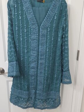 Embroidered Teal Tunic with Beaded Trim